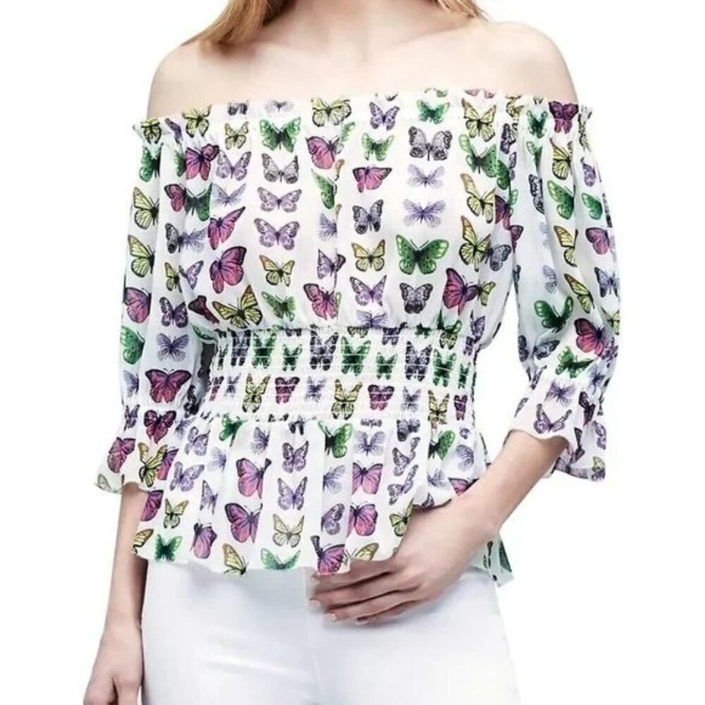 L'AGENCE Aubriella White Butterfly Off-the-Shoulder Smocked Peplum Blouse